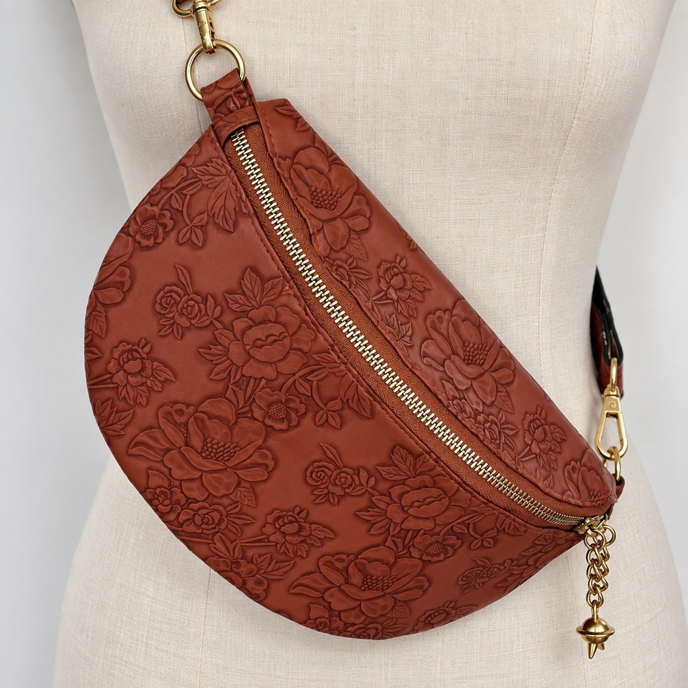 Floral Embossed Terracotta Sling Bag with Geometric Guitar Strap Crossbody